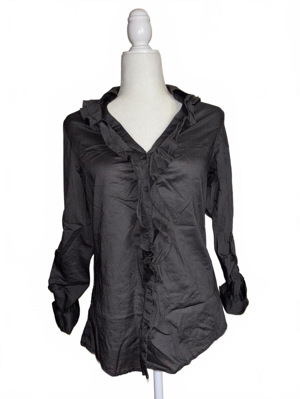 Express Grey Cotton Button up Ruffled Long Sleeve Top